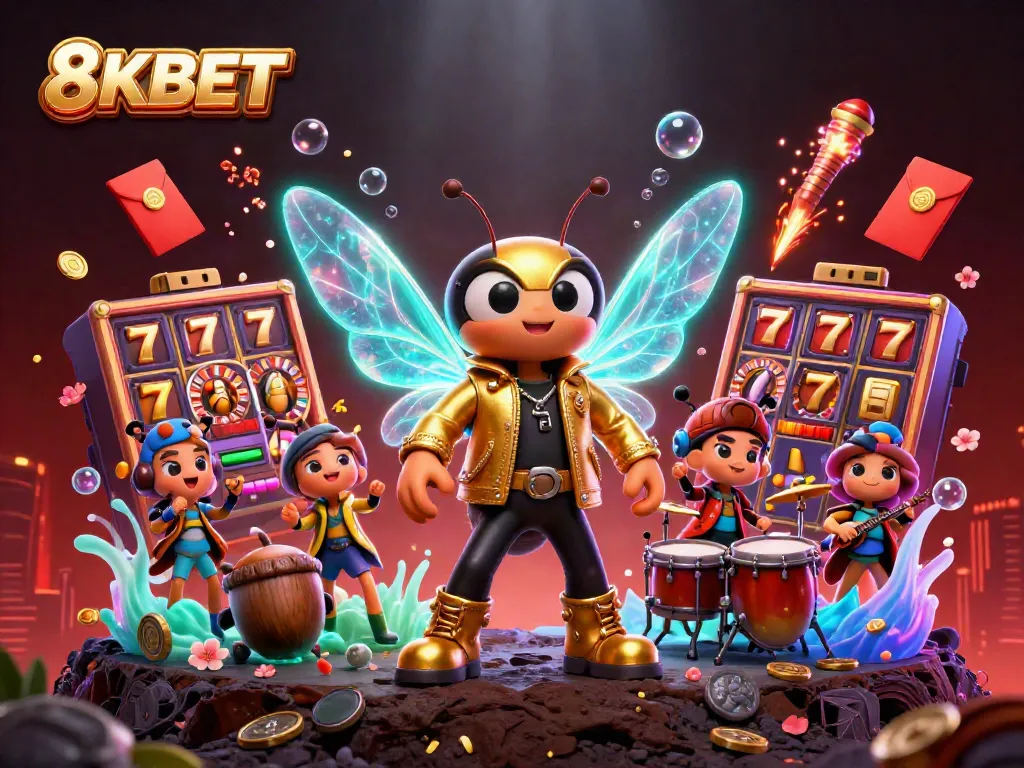 Experience vibrant entertainment at 8KBET with a dynamic scene featuring a rock star cicada, drum beetle, and gambling elements.
