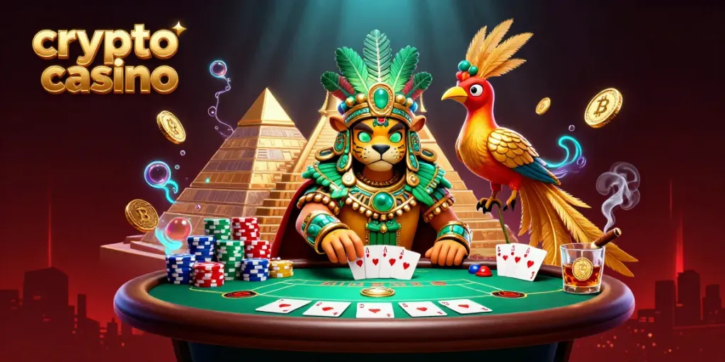 Engage with crypto casino excitement through an artistic 3D scene featuring vibrant characters and dynamic elements.