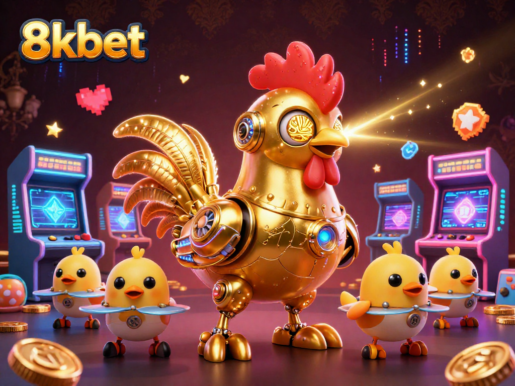 Experience the excitement of 8kbet with a thrilling 3D casino scene filled with gaming elements.