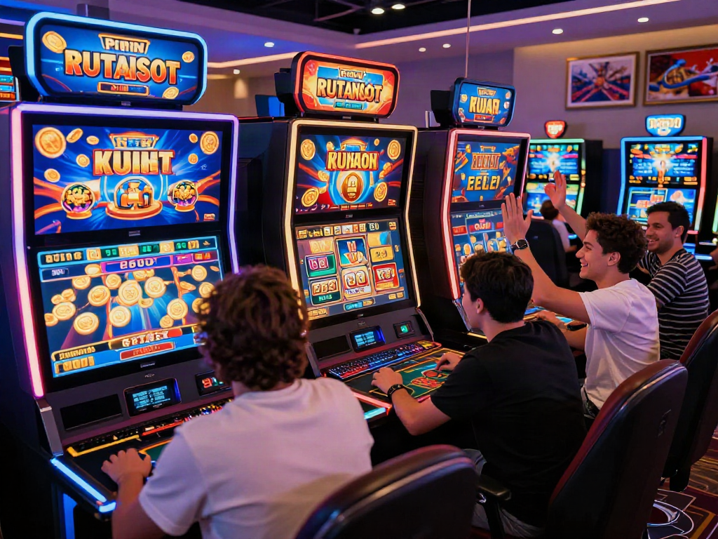 Excited players engaging with rutanslot online casino gaming, colorful virtual slot machine and ambient lighting.