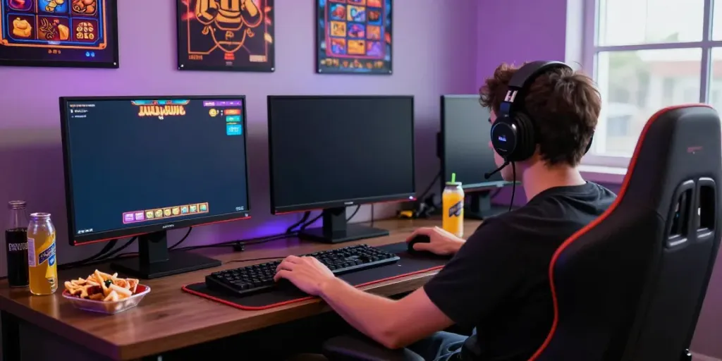 Player enjoying a thrilling judi slot gaming experience with colorful displays and cozy room ambiance.