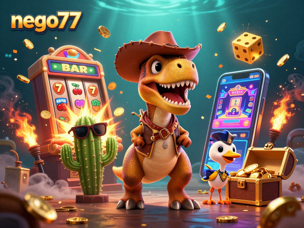 Nego77 promotions create thrilling casino adventures with a T-Rex cowboy and jackpot excitement.