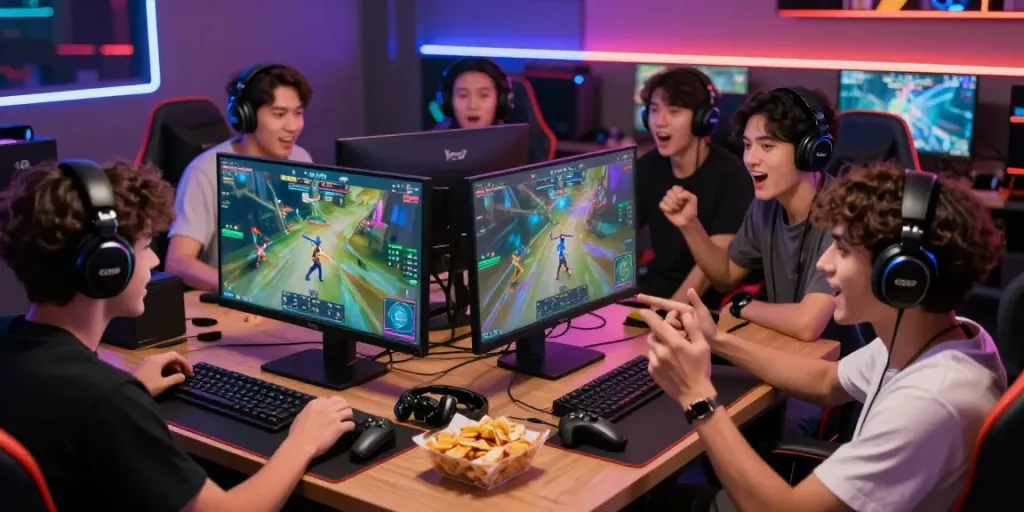 Group of friends enjoying online gaming on the EE88 platform in a lively gaming setup.