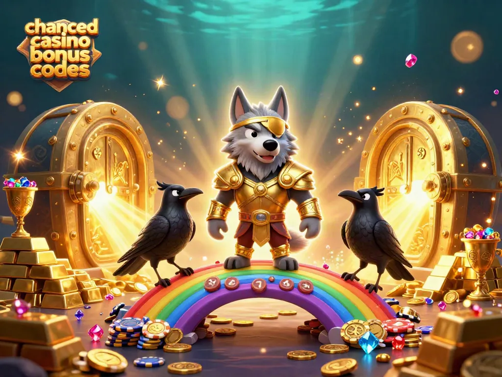 Play with Chanced Casino Bonus Codes: Odin and his ravens on a colorful treasure-filled scene.