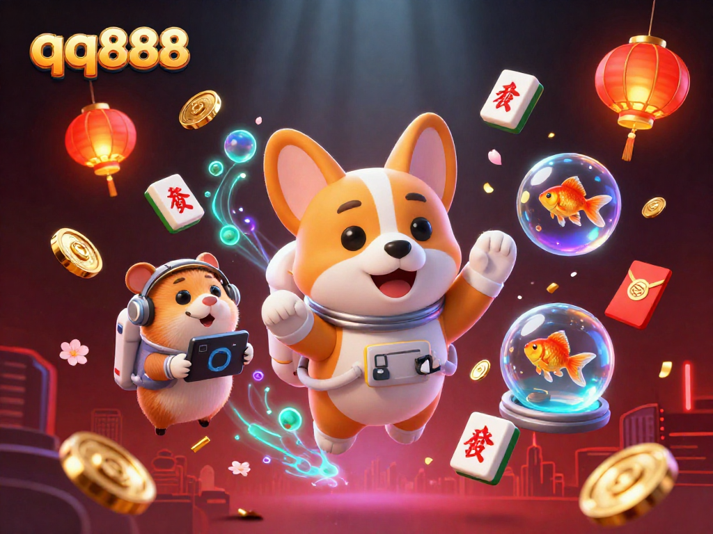Experience qq888's thrilling gameplay with a 3D cartoon astronaut corgi in a vibrant casino atmosphere.