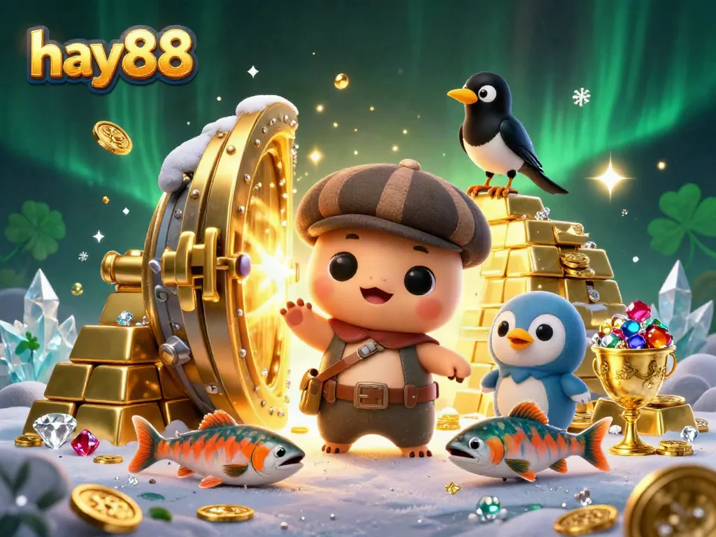 Experience gaming thrills at hay88 with vibrant characters amid sparkling treasures and casino elements.