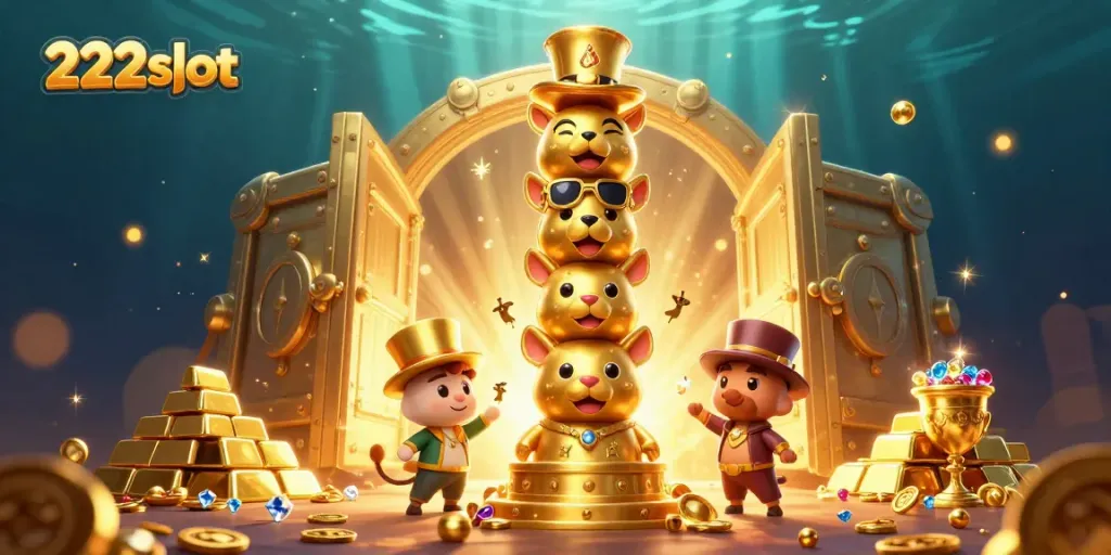 Permainan slot 222slot dengan simbol keberuntungan dan nuansa kasino yang berkilau.