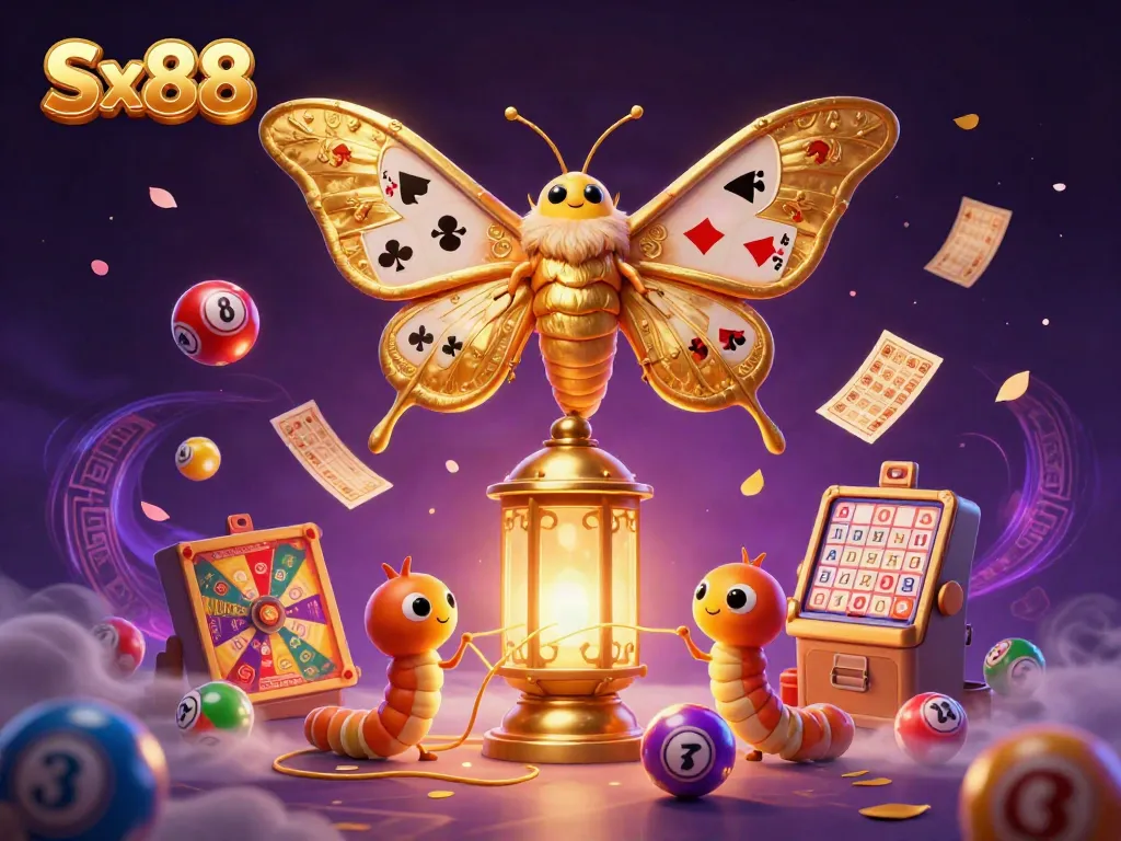Sx88 showcases vibrant casino games with a cartoon moth amid lottery balls and gaming elements.