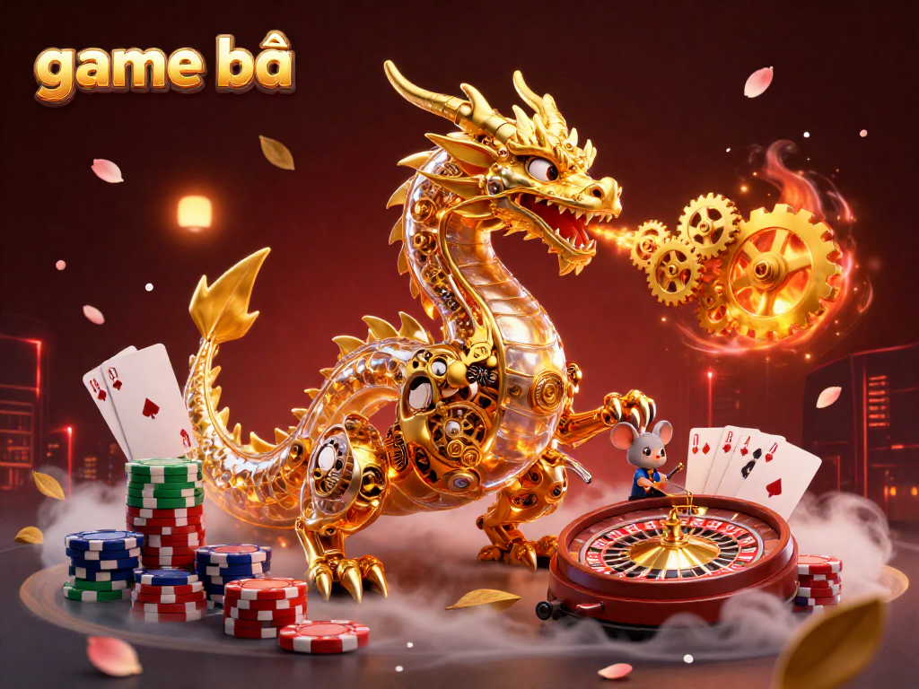 Experience thrilling game bài action with a golden dragon and poker chips in this vibrant casino scene.