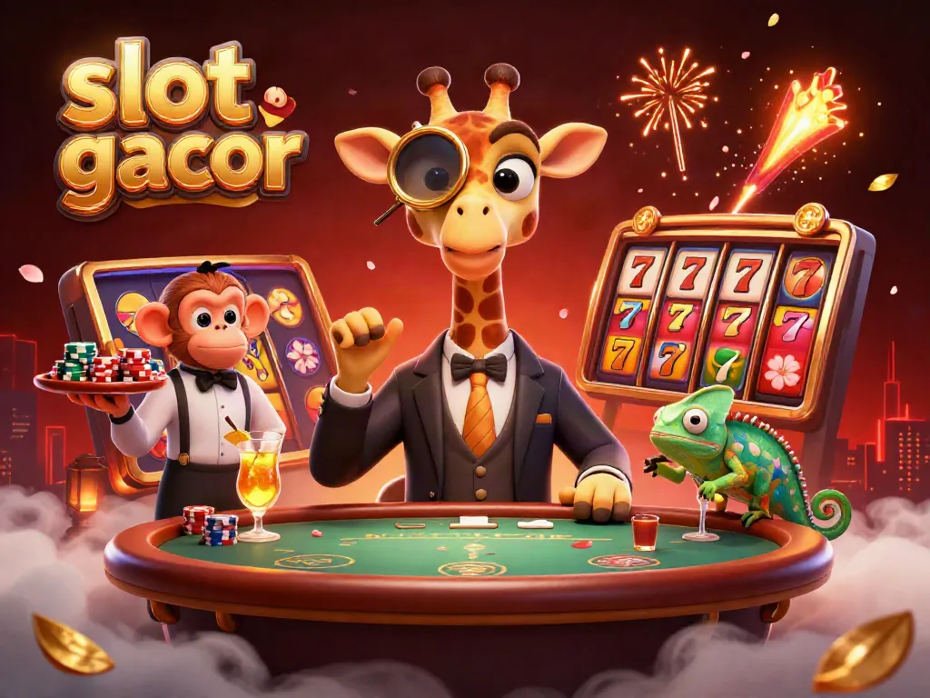 Experience the excitement of slot gacor with a high-roller giraffe at a vibrant casino scene.
