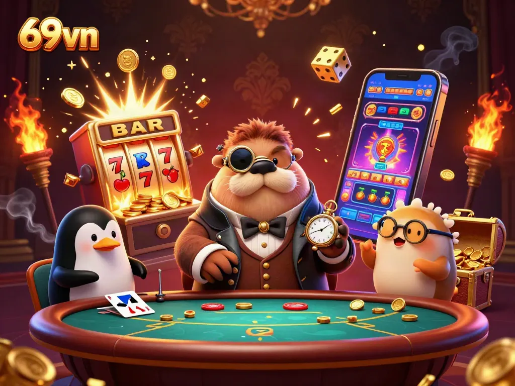 Win big at 69vn with a jolly walrus playing poker amid vibrant slots and gold coins.