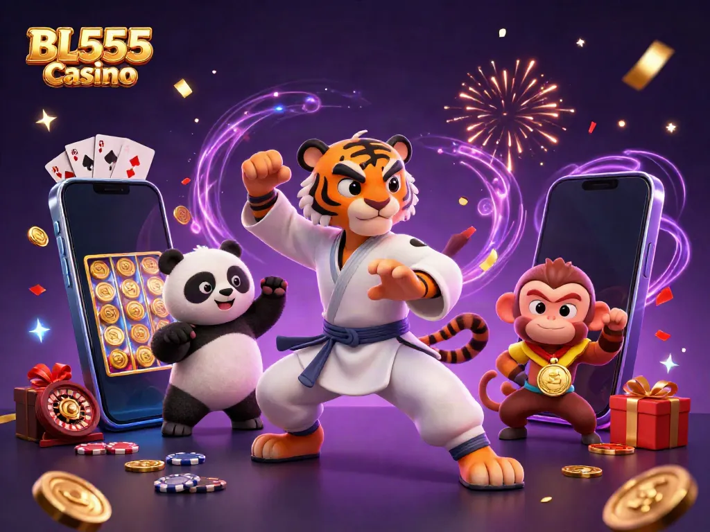 Experience the excitement at BL555 Casino with cartoon characters amidst vibrant gaming visuals.