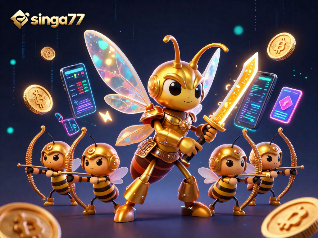 Singa77 brings excitement to crypto gambling with a 3D giant hornet samurai and animated casino elements.