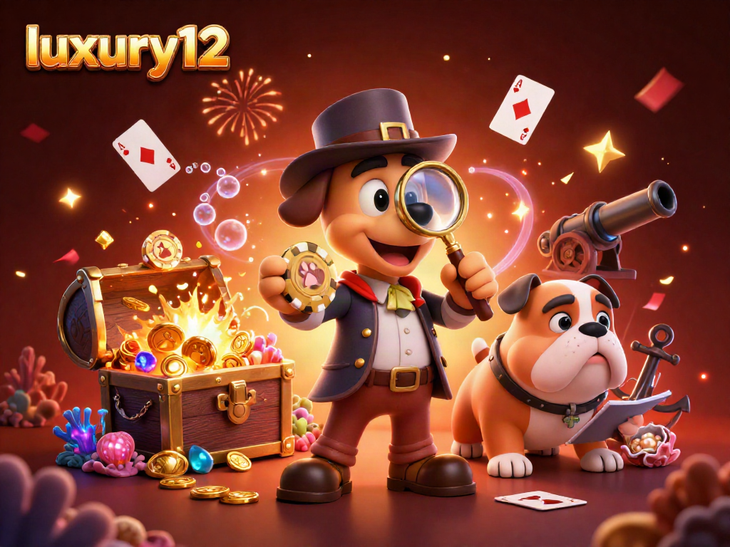 Menangkan permainan dengan luxury12, ilustrasi 3D kasino menampilkan detektif dan harta karun.