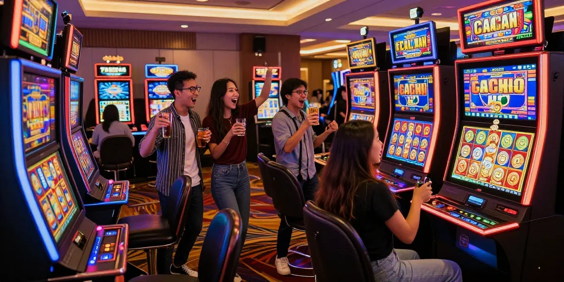 Experience the excitement of slot gacor as friends celebrate a win at a vibrant casino slot machine.