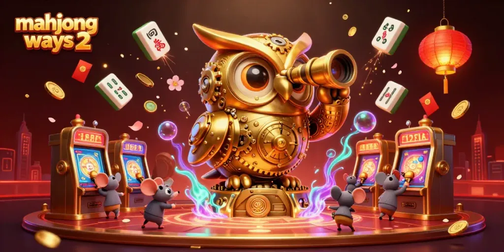 Experience mahjong ways 2 action with a golden owl amidst vibrant casino elements and floating mahjong tiles.