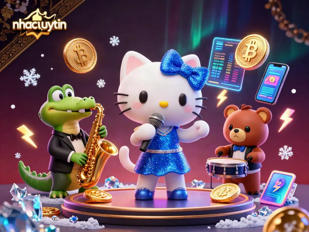 Play casino games with nhacaiuytin, featuring a lively stage with cartoon characters and crypto elements.
