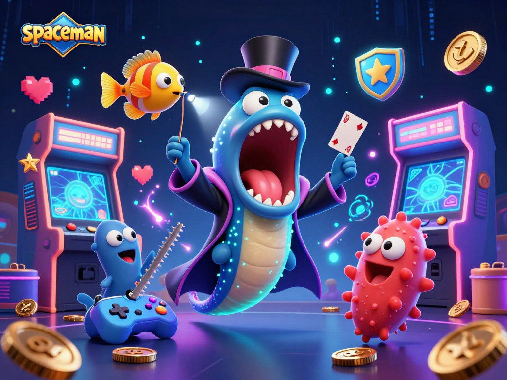 Spaceman performs card tricks with a glowing atmosphere and arcade elements in a vibrant casino scene.