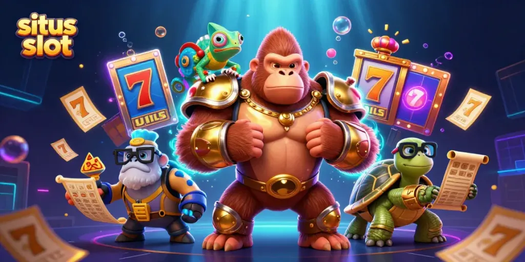 Menangkan jackpot di situs slot dengan gorila raja dan teman-teman animasi simbol beruntung.