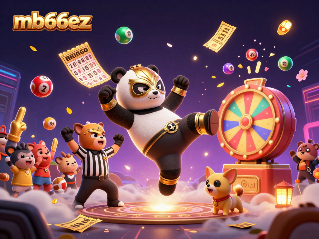 Engage with mb66ez as a panda wrestler delivers a flying kick amid vibrant lottery action.