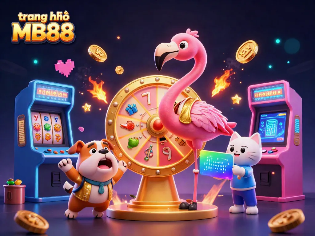 Experience the excitement at trang chủ MB88 with vibrant characters and thrilling game elements showcasing an energetic casino atmosphere.