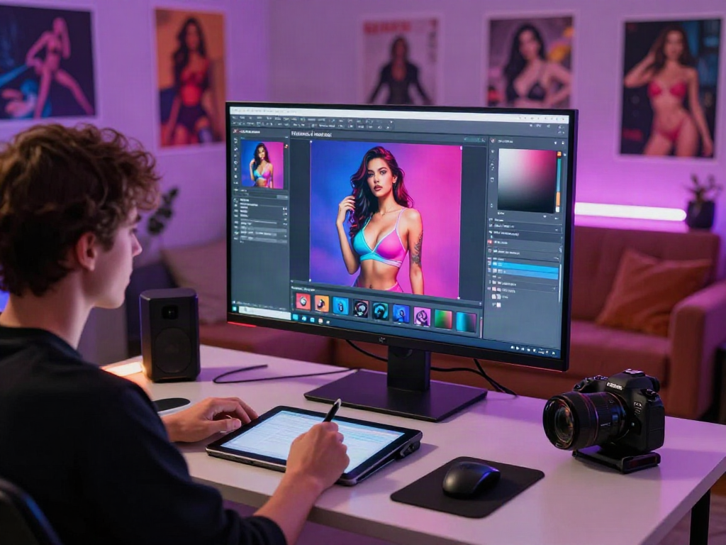 Artist creating AI-generated visuals for ai porn generator, showcasing a modern digital art studio.