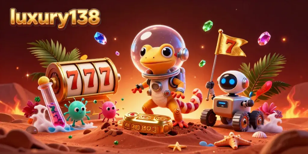 Experience luxury138 at its finest with this captivating illustration of a Martian gecko amid a vibrant, dynamic casino scene.