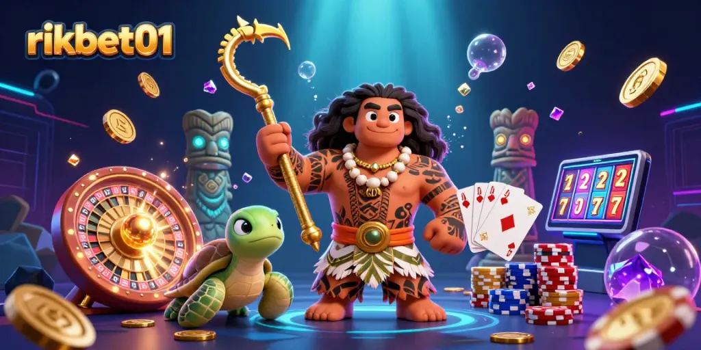 rikbet01: Experience gaming thrills with a vibrant 3D casino scene featuring rich symbols and characters.