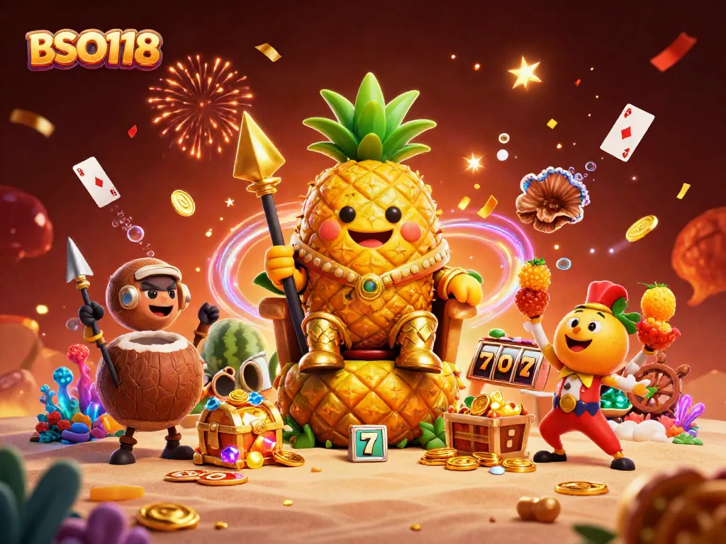 Engage with BSO118's colorful casino scene featuring vibrant characters, slot symbols, and festive elements.