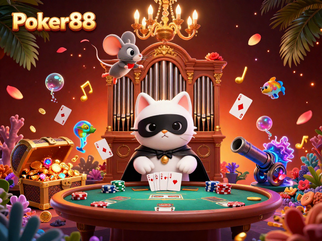 Engage in thrilling Poker88 games featuring lively illustrations of poker tables and acrobatic characters.