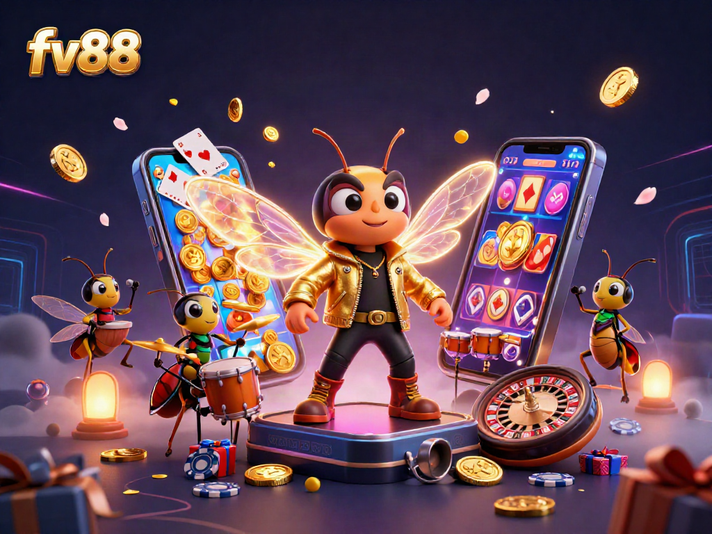 Engage in thrilling gameplay with fv88's dynamic casino scene featuring a rock star cicada and game elements.