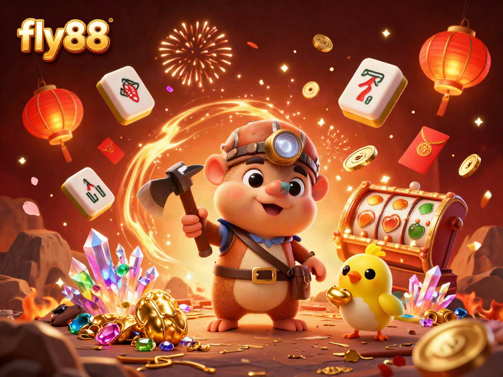 Experience the thrill of fly88 with a treasure hunter mole and casino elements in vibrant celebration.