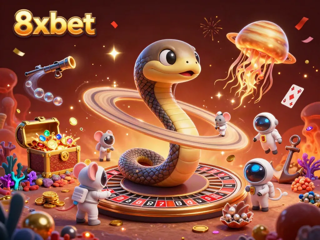 Experience thrilling gaming fun at 8xbet with animated scenes of cosmic betting and colorful prizes.