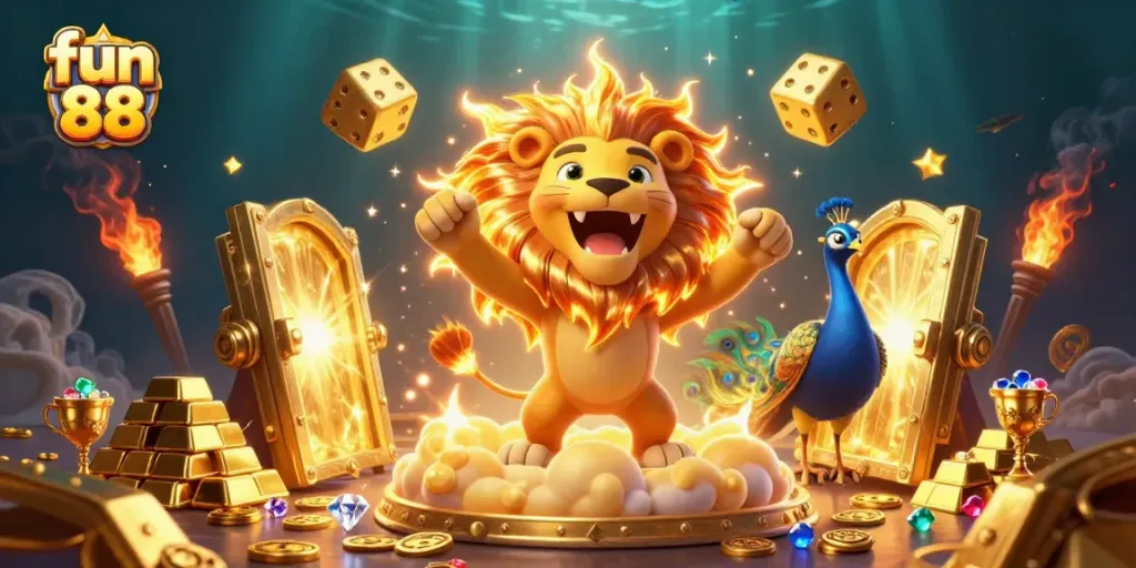 Experience the thrill of fun 88 with vibrant casino elements and a roaring golden lion.