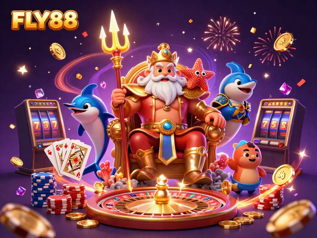 Spin the 3D roulette at FLY88 while enjoying a vibrant casino experience with Neptune and friends.