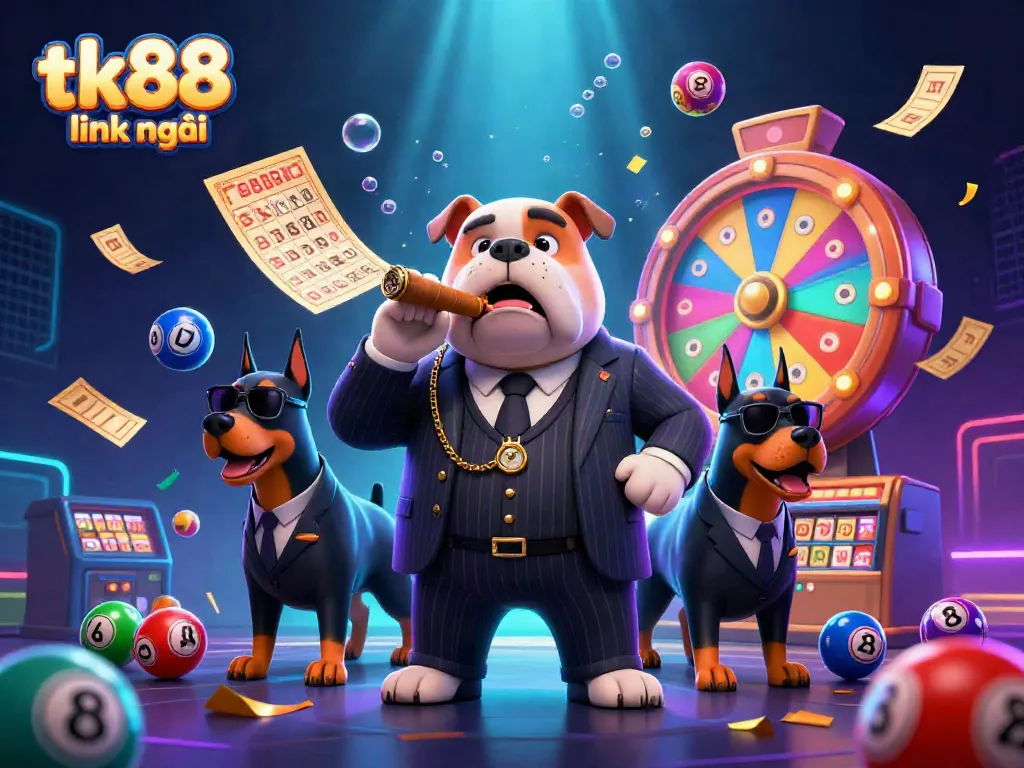 Experience the excitement of tk88 link mới with a mafia-themed casino scene featuring vibrant lottery elements.