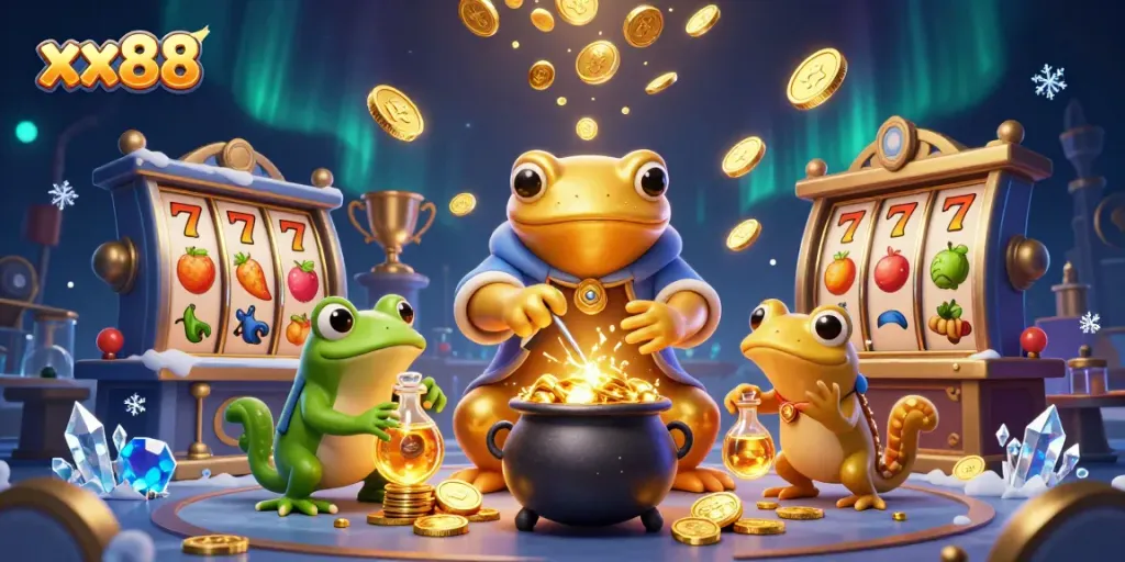 Engage with xx88’s dynamic casino adventure filled with gold coins, slot reels, and vibrant characters.