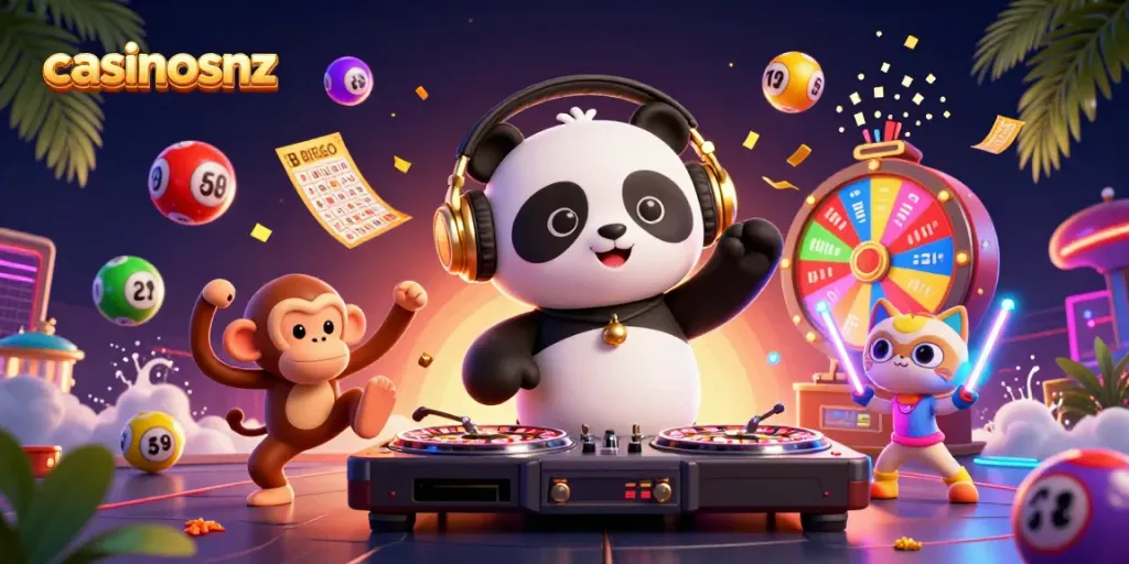 Engage at casinosnz as DJ panda spins and vibrantly colored elements celebrate the thrill of gaming.