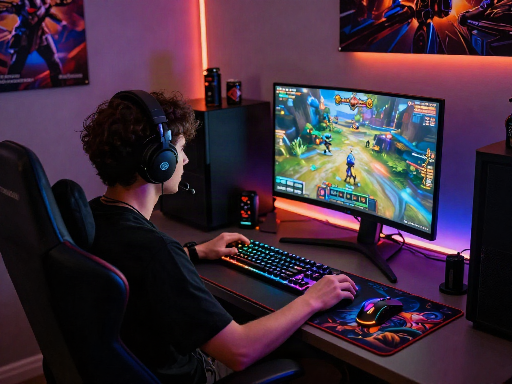 Seorang pemain anabulbet intens dalam sesi permainan dengan monitor cerah dan peralatan gaming modern.