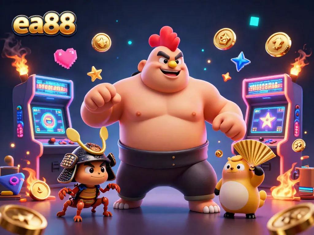 Experience the excitement of ea88 with a powerful sumo rooster, a feisty samurai cricket, and vibrant casino elements!