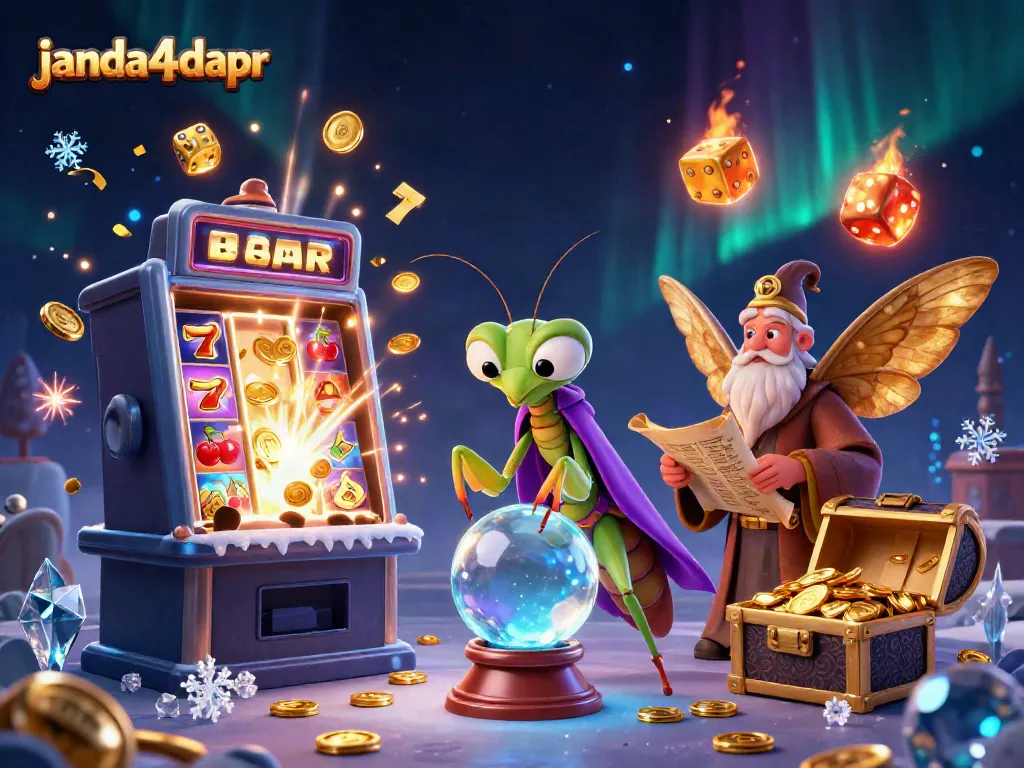 Janda4dapr menampilkan mantis keberuntungan dan ratusan koin jackpot terbang di dunia kasino digital.