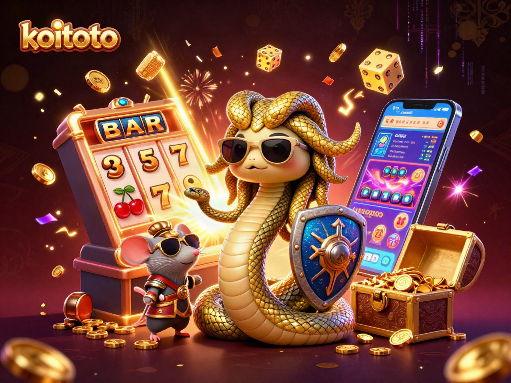 Koitoto offers a vibrant scene with Medusa and a warrior mouse amid a jackpot slot explosion in a casino
