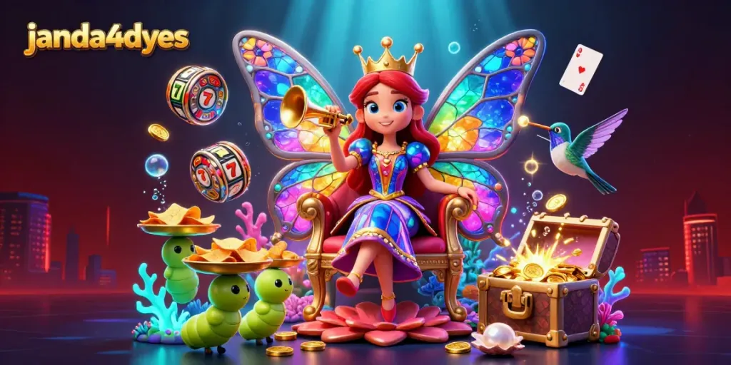 Menangkan permainan dengan janda4dyes yang menampilkan ilustrasi kerajaan kasino meriah dan elemen permainan.