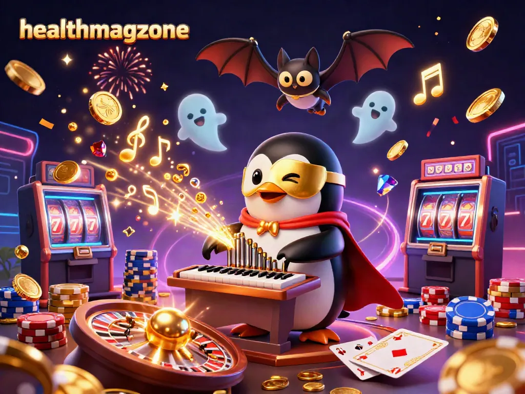 Slot online healthmagzone menampilkan penguin opera 3D dan efek kejutan kemenangan.