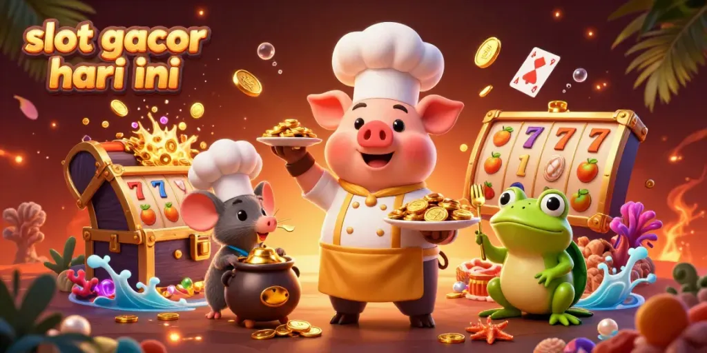 Experience the excitement of slot gacor hari ini with vibrant 3D characters like a chef pig and a critic frog surrounded by gold coins and slot reels.
