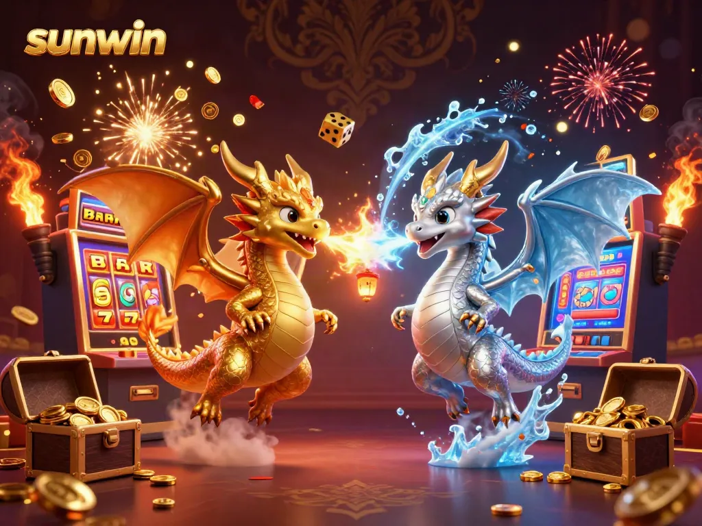 Experience thrilling gameplay with sunwin as golden and silver dragons unleash energy in a jubilant casino atmosphere.
