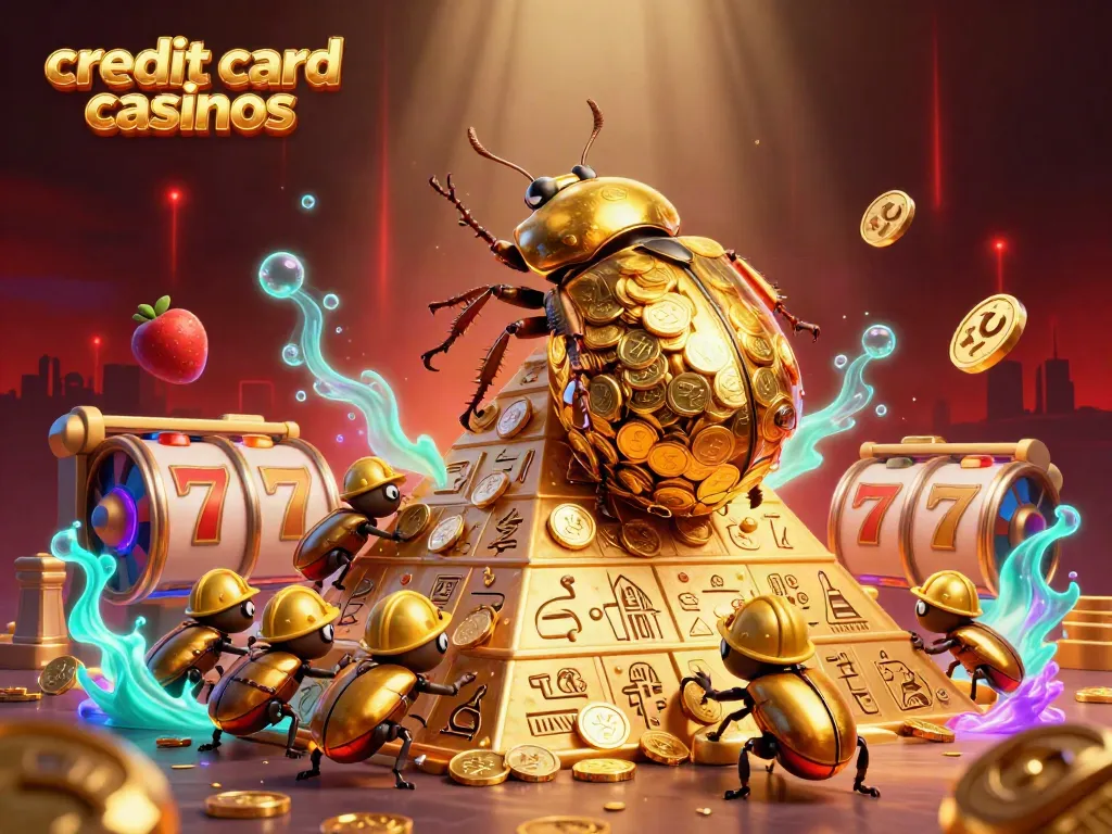 Experience thrilling gameplay at credit card casinos with golden beetle characters and vibrant elements.