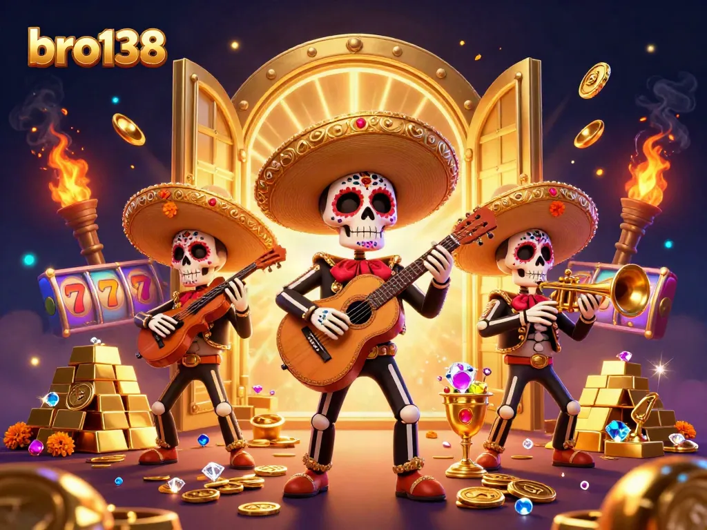 Spin to win with bro138 in this vibrant 3D casino scene filled with treasures and lively mariachi characters.