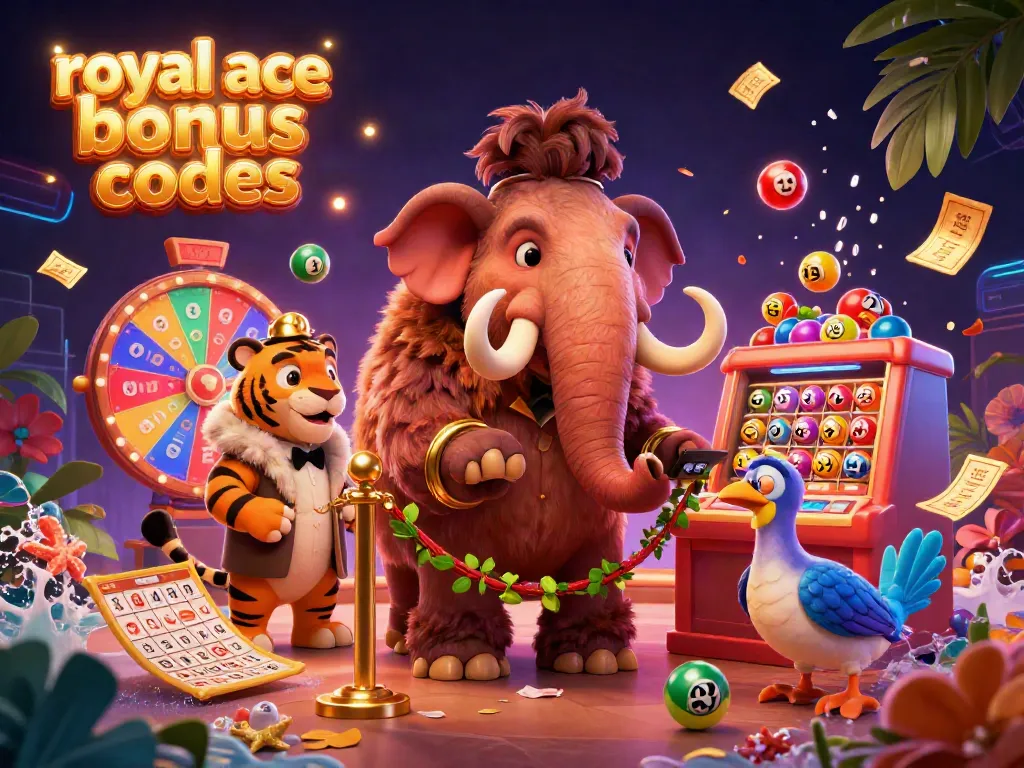 Engage with royal ace bonus codes while enjoying a vibrant casino scene featuring a woolly mammoth bouncer and a saber-tooth tiger guest.