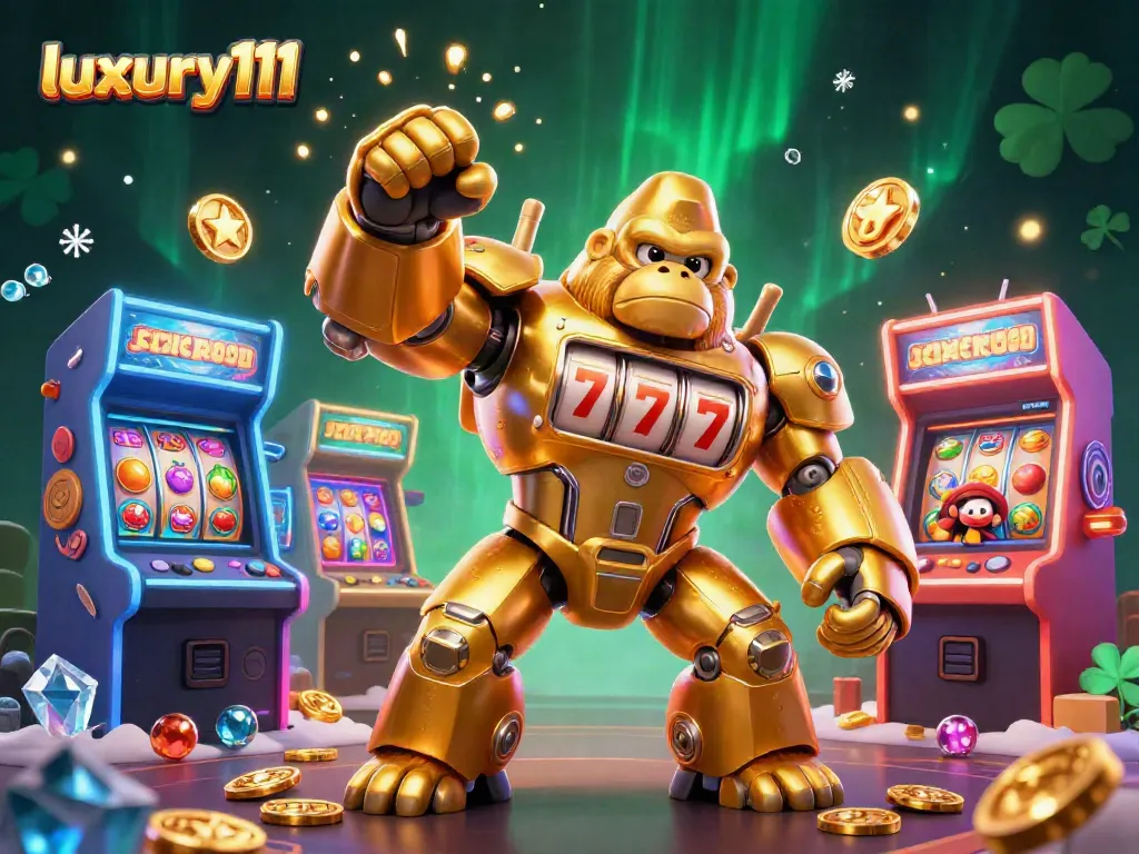 Experience the thrill of luxury111 with a vibrant golden gorilla mech amid slot machines and jackpots.
